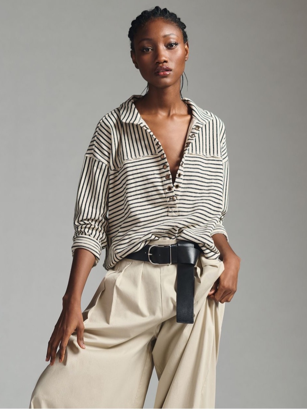 Anthro Pilcro Cotton Spliced Henley Top, Ivory / Black Stripe – Size Medium